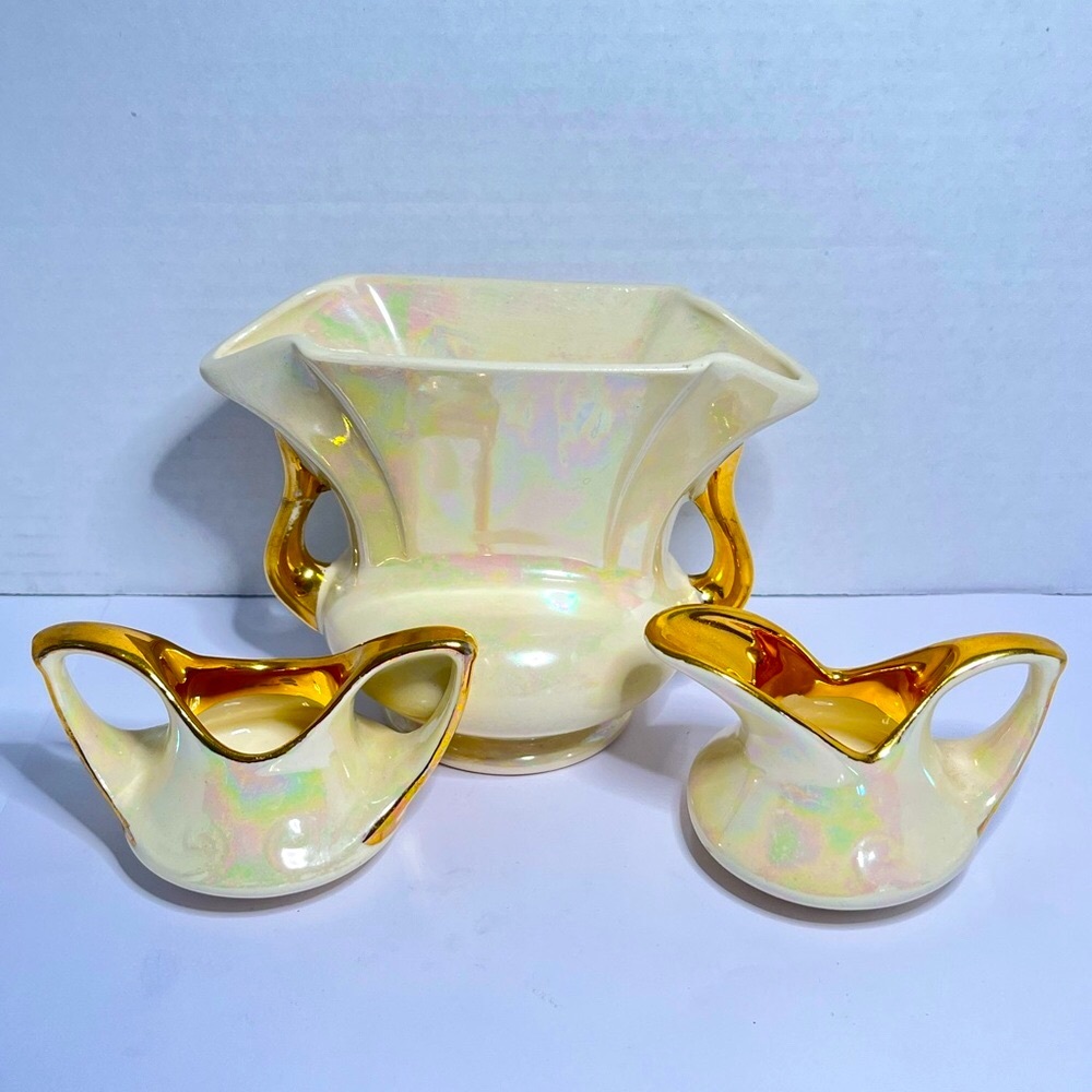 Vintage Pearl China Co. 3-Piece Lusterware Console Set w/ 22K Gold Trim USA